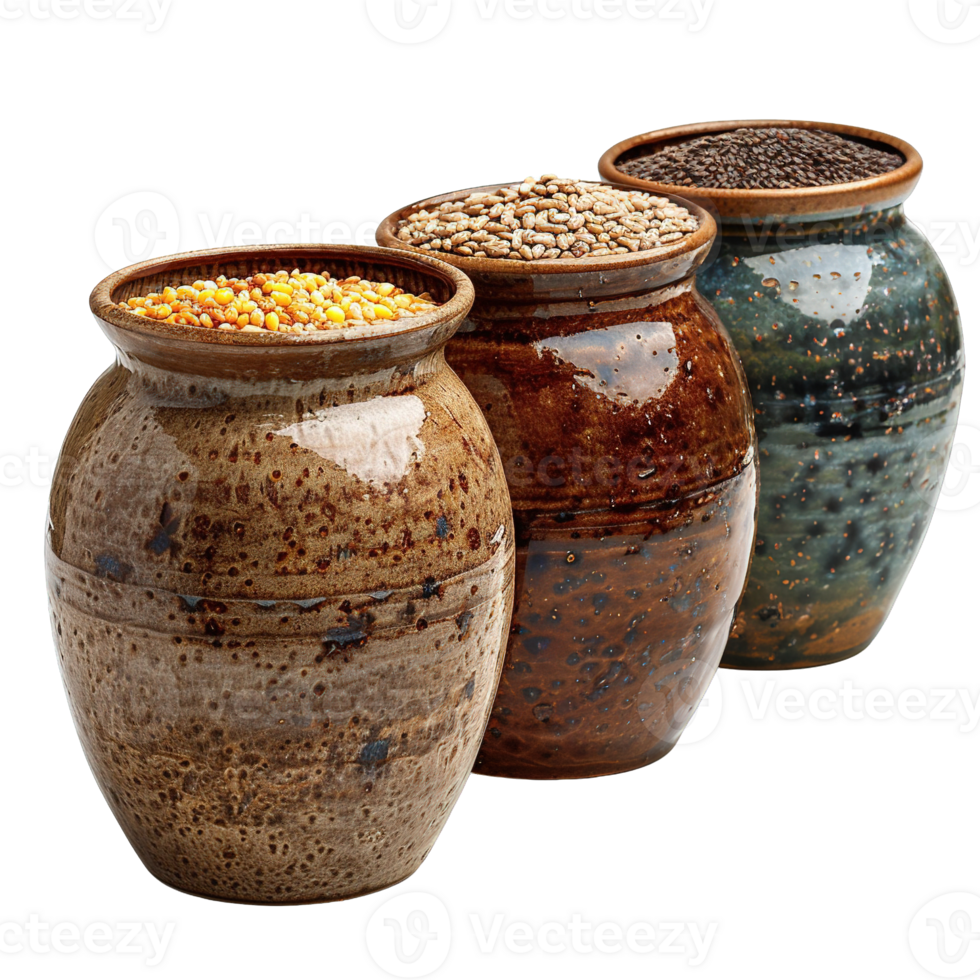 Traditional Handcrafted Ceramic Storage Jars Filled with Assorted Organic Grains and Legumes on Transparent Background png