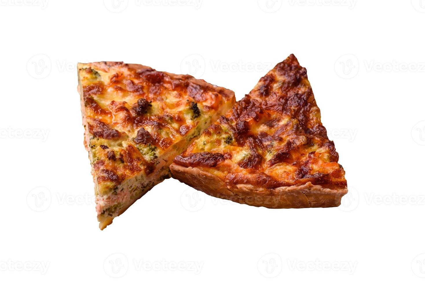Delicious fresh quiche with broccoli, cheese, spices. Isolated photo