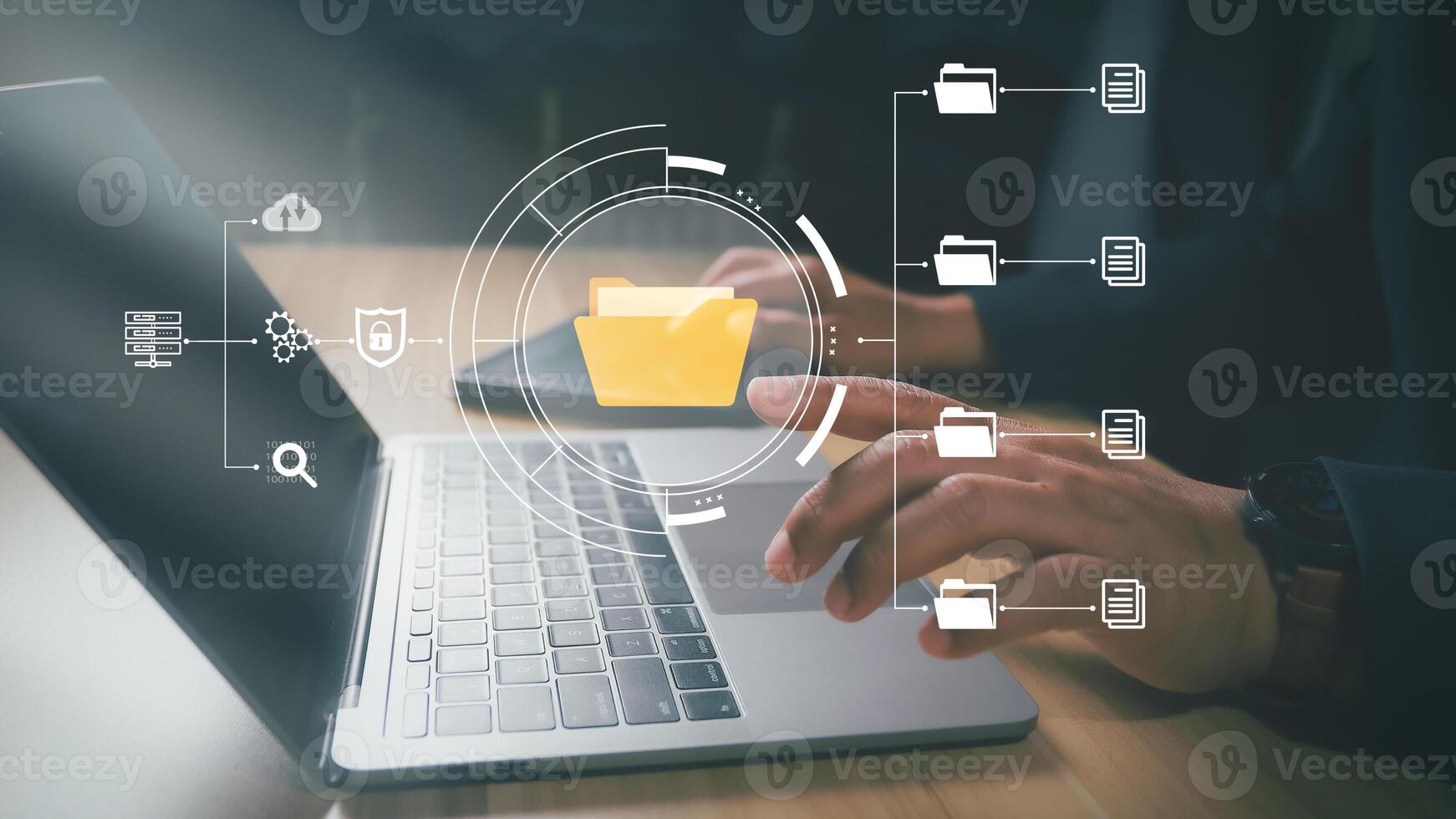 Document Management System DMS, Businessman using digital documents to search, store, archive and manage and to reduce paper. Solution for paperless office. photo