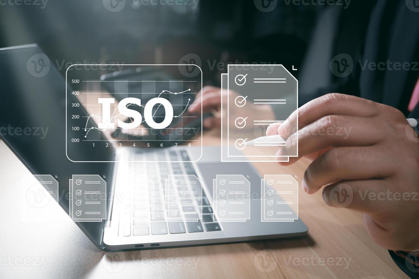ISO standards quality control, assurance and warranty business technology concept. Businessman using laptop computer with quality assurance and document icon for ISO, ISO concept. photo