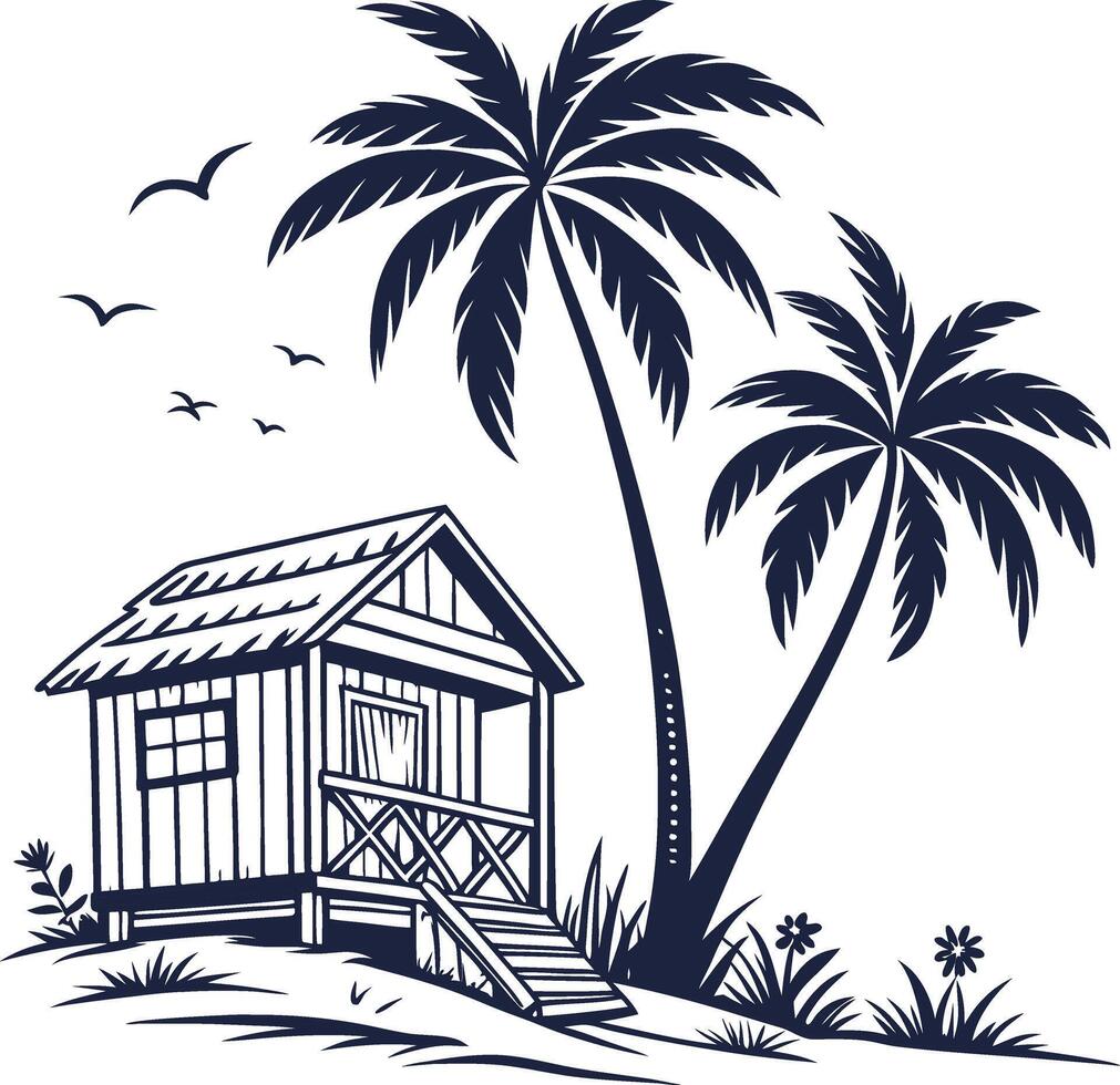 Coastal Paradise Beach Hut and Palm Trees vector