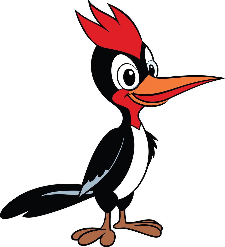 Cartoon Woodpecker with Red Crest and Orange Beak vector
