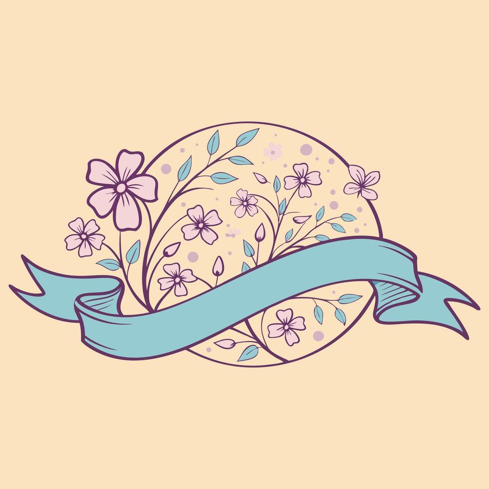 Floral Emblem with Ribbon and Blossoms vector