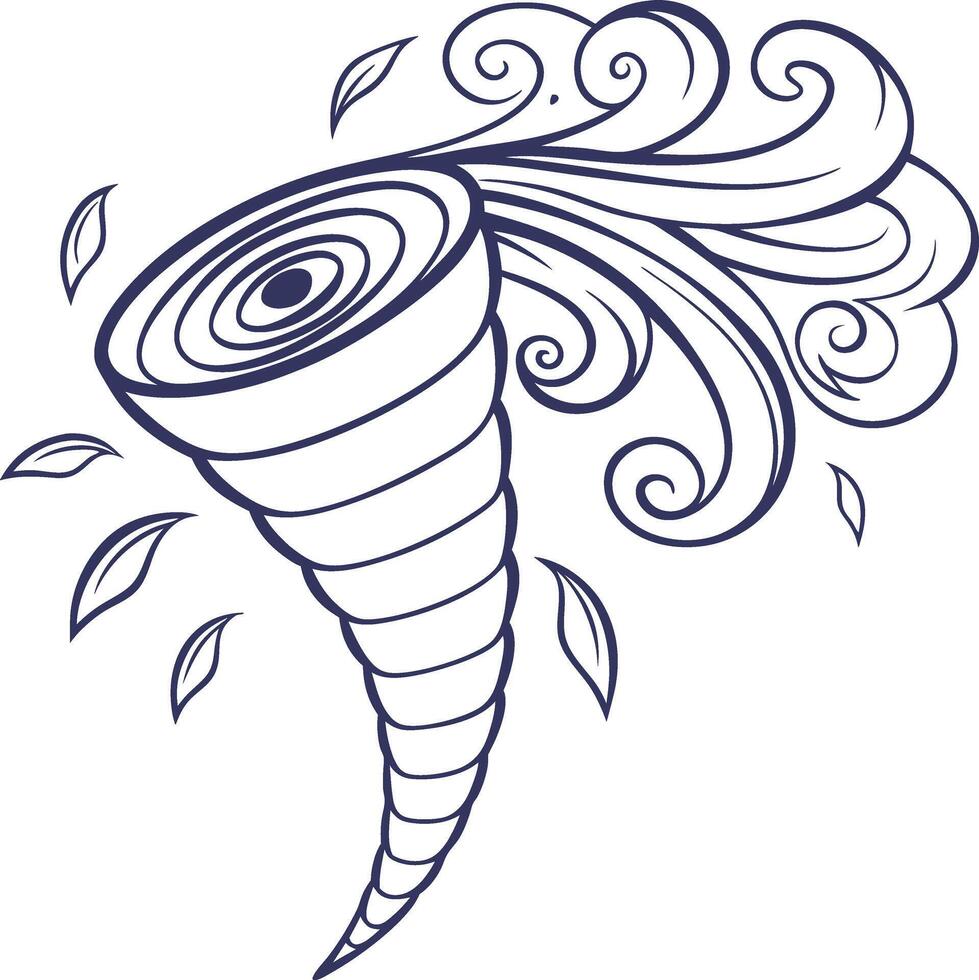 Line art drawing of a tornado with swirling wind and leaves vector