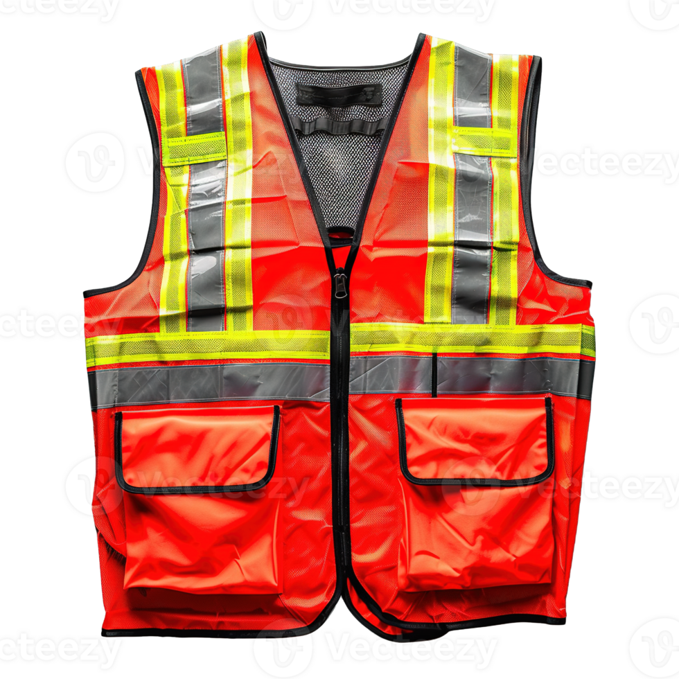 High Visibility Red Safety Vest with Reflective Strips and Multiple Pockets on Transparent Background png