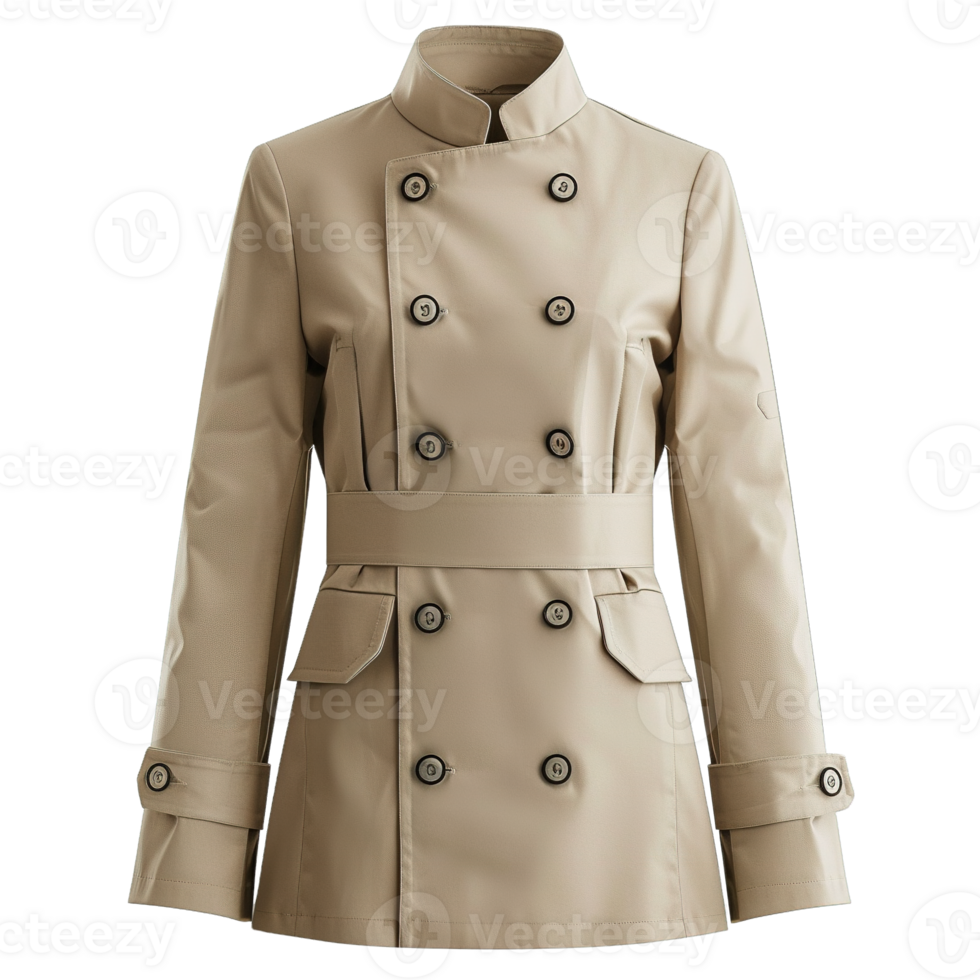 Beige Double-Button Chef Coat with Tailored Fit and Elegant Trench Coat Aesthetic Isolated on Transparent Background png