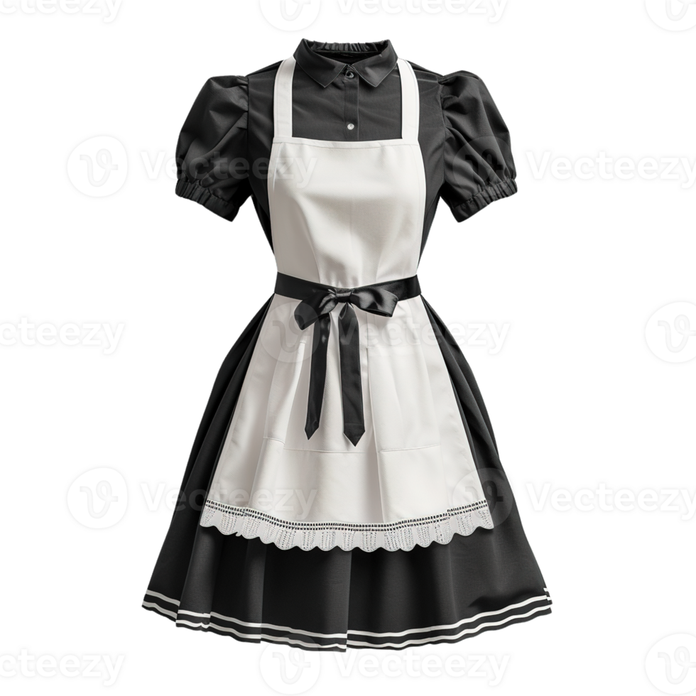 Classic Black Waitress Dress with Puff Sleeves and White Apron Featuring Lace Trim and Ribbon Bow, Isolated on Transparent Background png