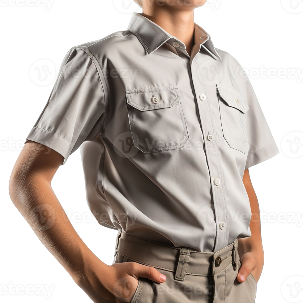 Young Boy in Short-Sleeve Light Gray School Uniform Shirts Isolated on Transparent Background png