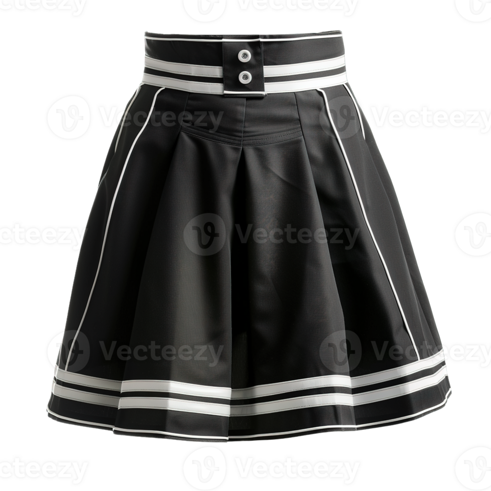 Elegant High-Waisted Black Skirt with Pleats and Contrasting White Piping Details on Transparent Background png
