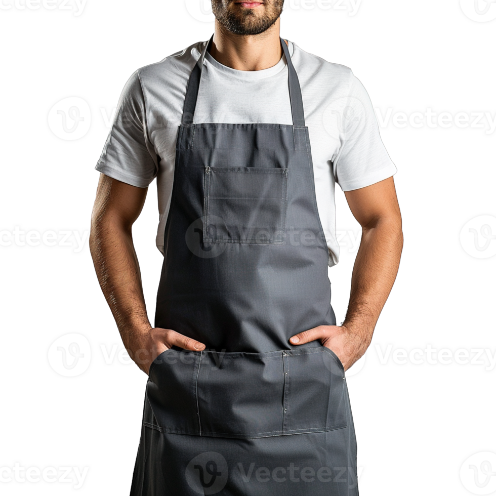 Male Barista Wearing Dark Gray Apron with Multiple Pockets Over White T-shirt Standing Confidently Against Transparent Background png