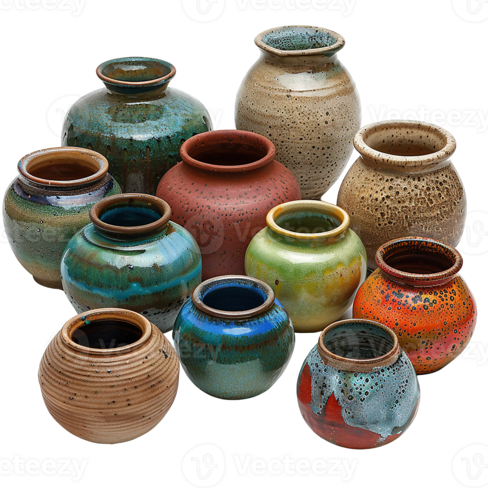Rustic Collection of Handmade Ceramic Pots and Vases with Natural Earthy Colors and Textured Surfaces Isolated on Transparent Background png