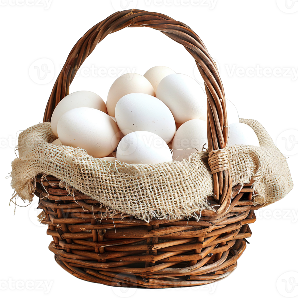 A Rustic Wicker Basket Filled with Fresh White Eggs Isolated on Transparent Background png