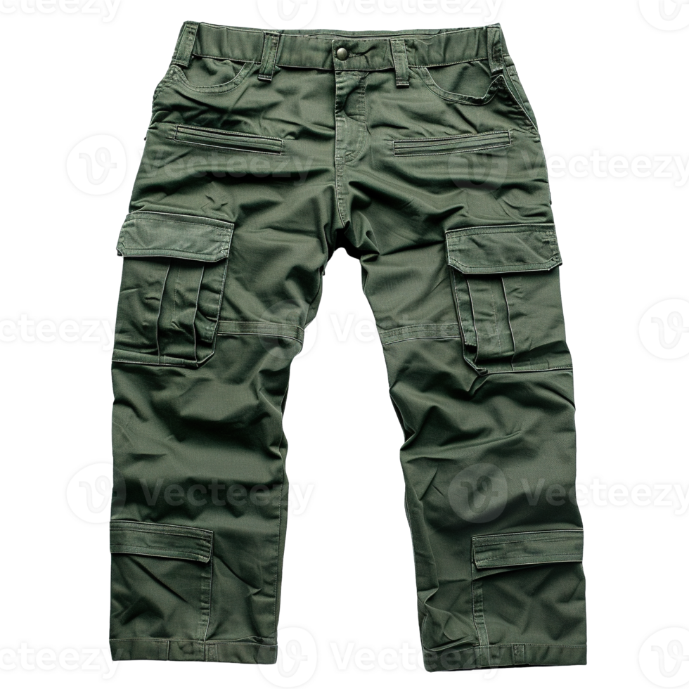 Heavy Duty Multi-Pocket Cargo Pants in Green Fabric Isolated on Transparent Background png
