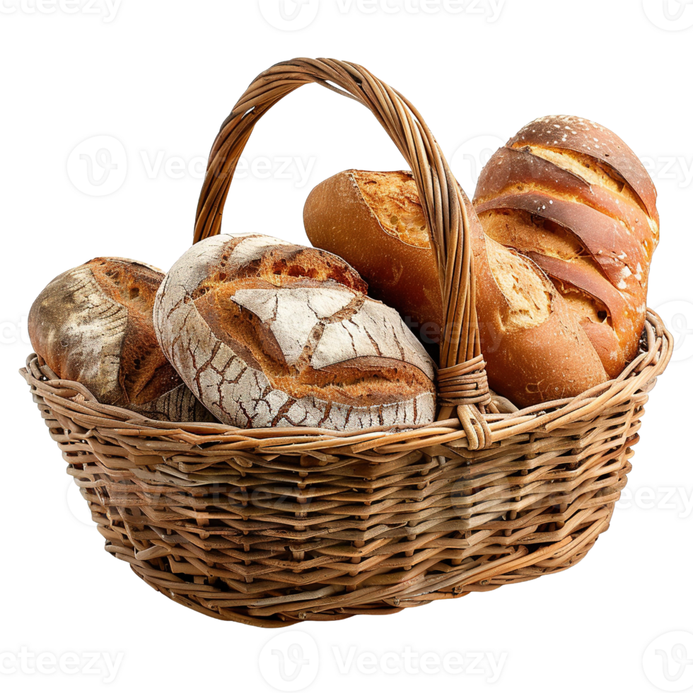 Rustic Wicker Basket Filled with Freshly Baked Artisan Bread Loaves Isolated on Transparent Background png
