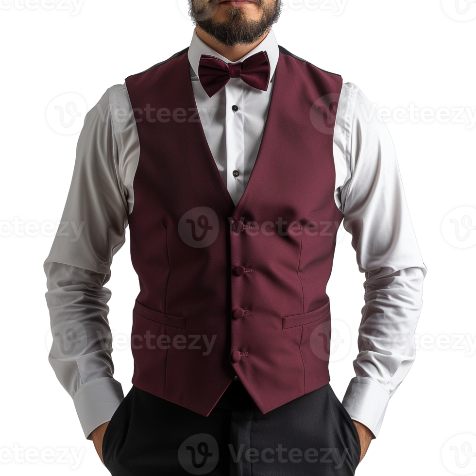 Male Waiter in Formal Burgundy Vest with Matching Bow Tie and White Dress Shirt. Elegant Hospitality Uniform Isolated on Transparent Background png