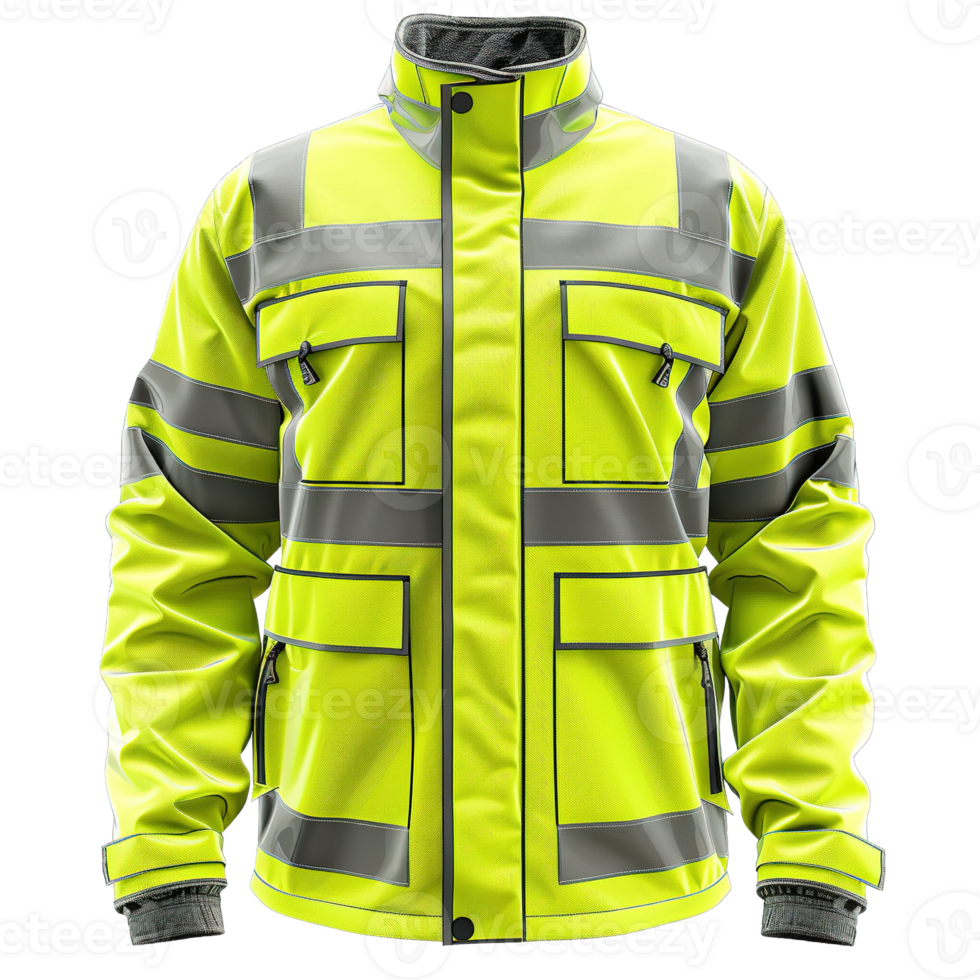 Durable Neon Yellow Safety Jacket with Multiple Pockets and Reflective Bands Isolated on Transparent Background png