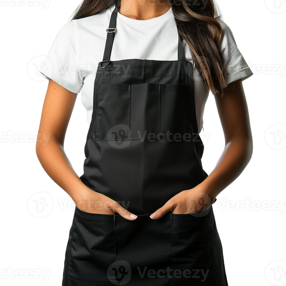 Young Woman Wearing Stylish Black Canvas Cooking Apron with Front Pockets and Adjustable Neck Strap Against Transparent Background png