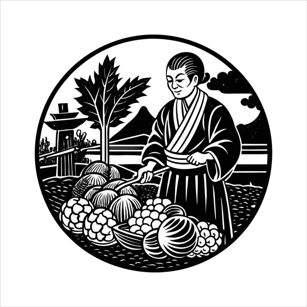 ukiyo e inspired vegetable scene tradition vector