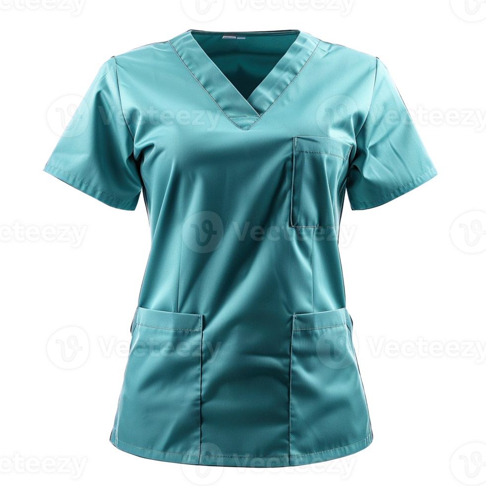 Front View of Teal V-Neck Medical Scrub Top with Short Sleeves and Multiple Utility Pockets Isolated on Transparent Background png