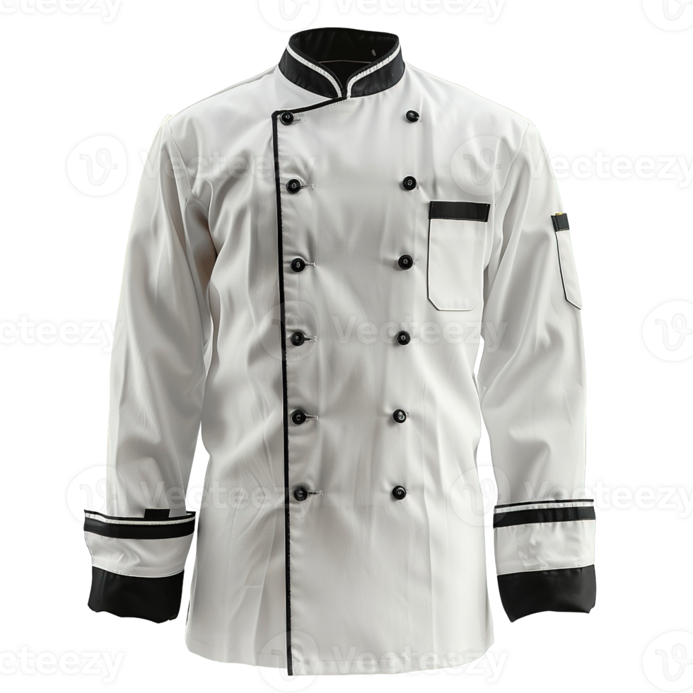 Modern Double-Breasted White Chef Jacket with Black Trim Isolated on Transparent Background png