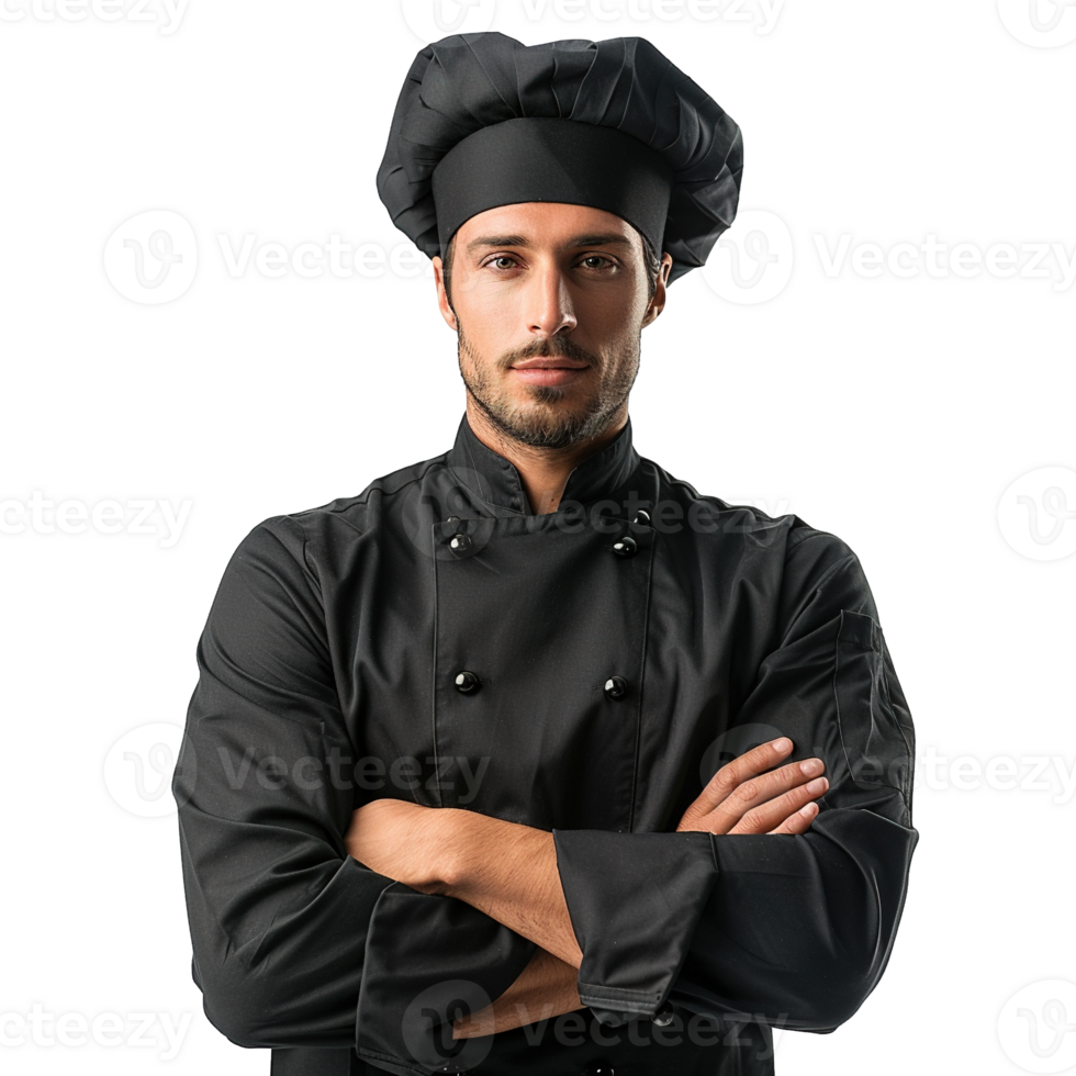 Modern Chef in Stylish Black Uniforms Standing with Arms Crossed on Transparent Background png