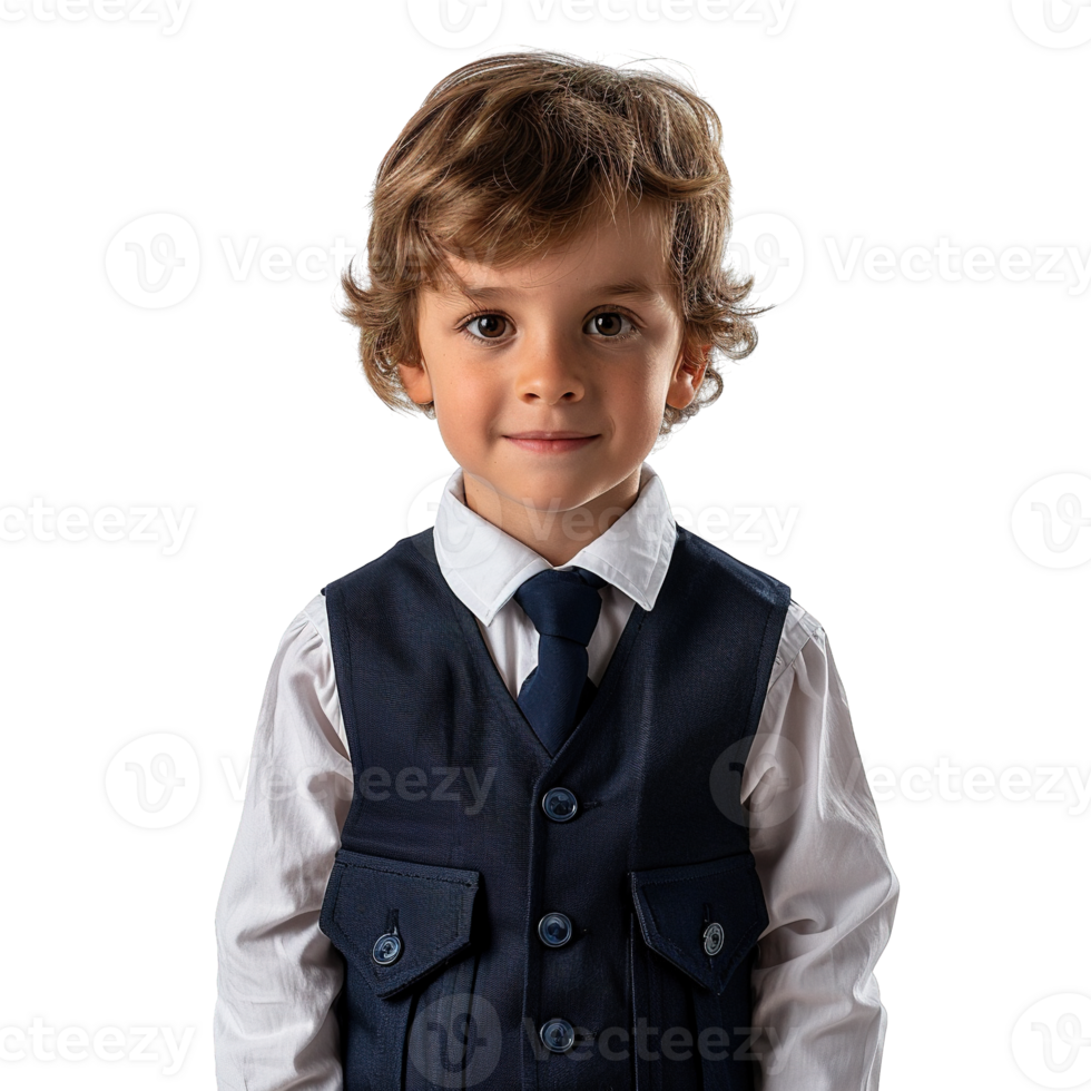 Elementary School Age Boy in Formal Navy Waistcoat and Classic White Button-Up Shirt Isolated on Transparent Background png