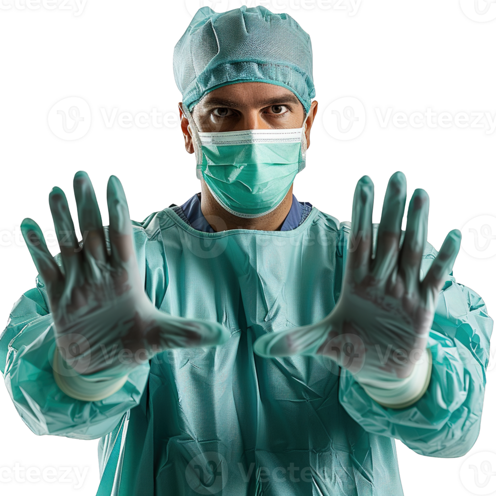 Male Surgeon in Surgical Mask, Gown, and Sterile Gloves Gesturing Hands Forward in Protective Pose Isolated on Transparent Background png