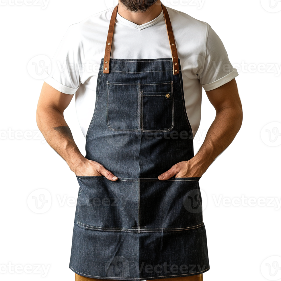 Dark Denim Apron with Brown Leather Straps and Contrast Stitching Worn by Male Model in White T-Shirt Isolated on Transparent Background png