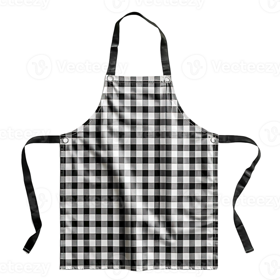 Traditional Black and White Plaid Apron with Neck and Waist Straps Isolated on Transparent Background png