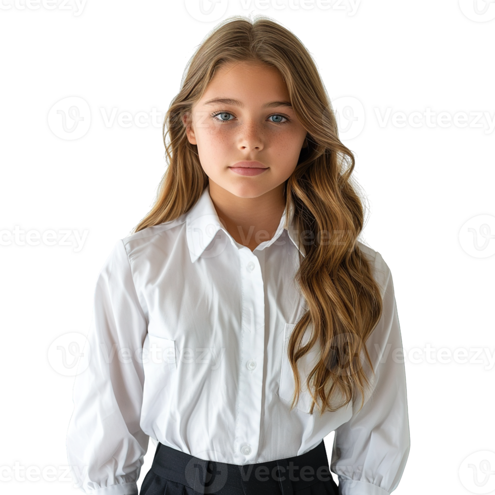 Young Female Student in Classic White Button-Up School Uniform Shirts with Natural Hairstyles and Serious Expressions png