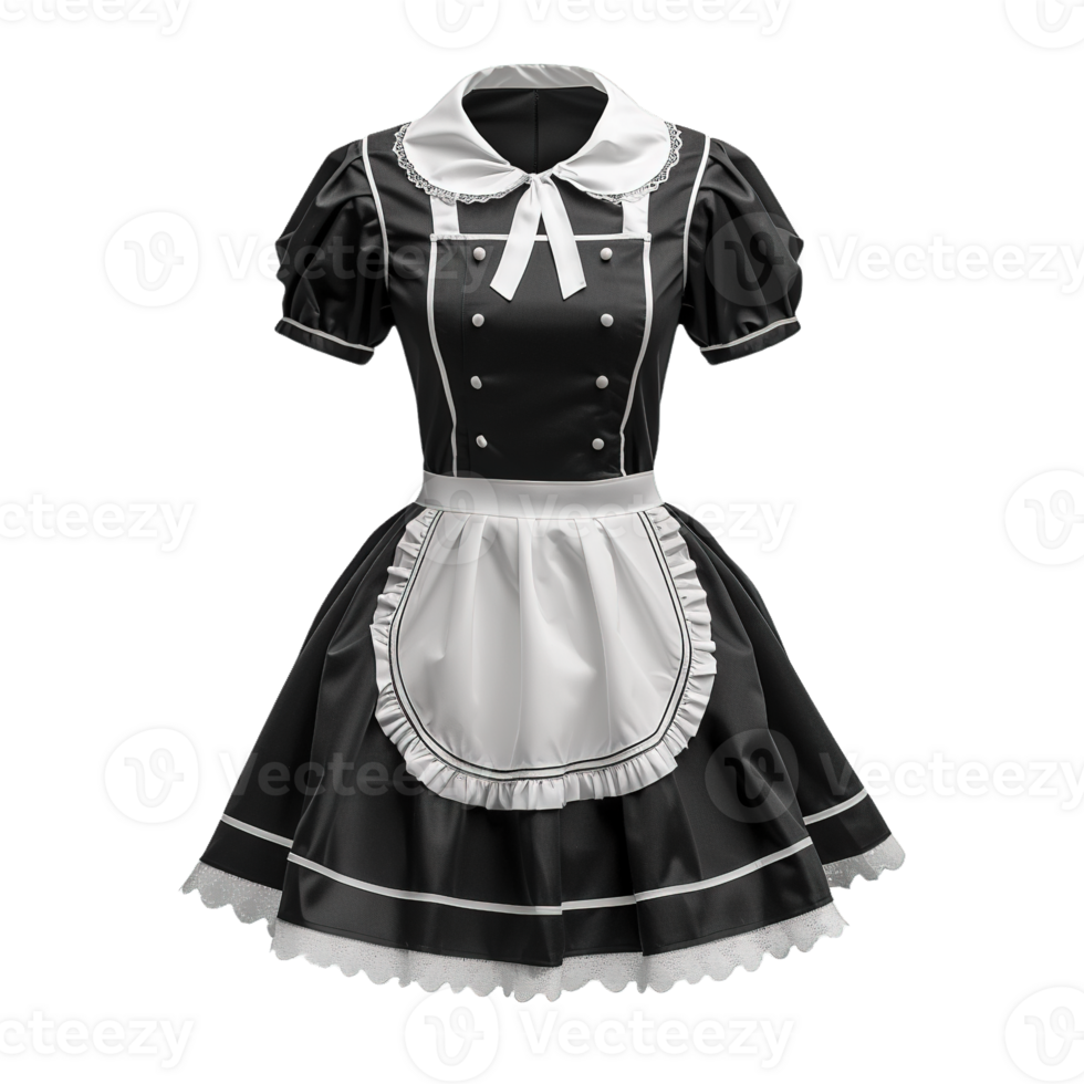 Elegant Housemaid Costume Featuring Black Short Sleeve Dress with White Buttons and Ruffled Apron on Transparent Background png