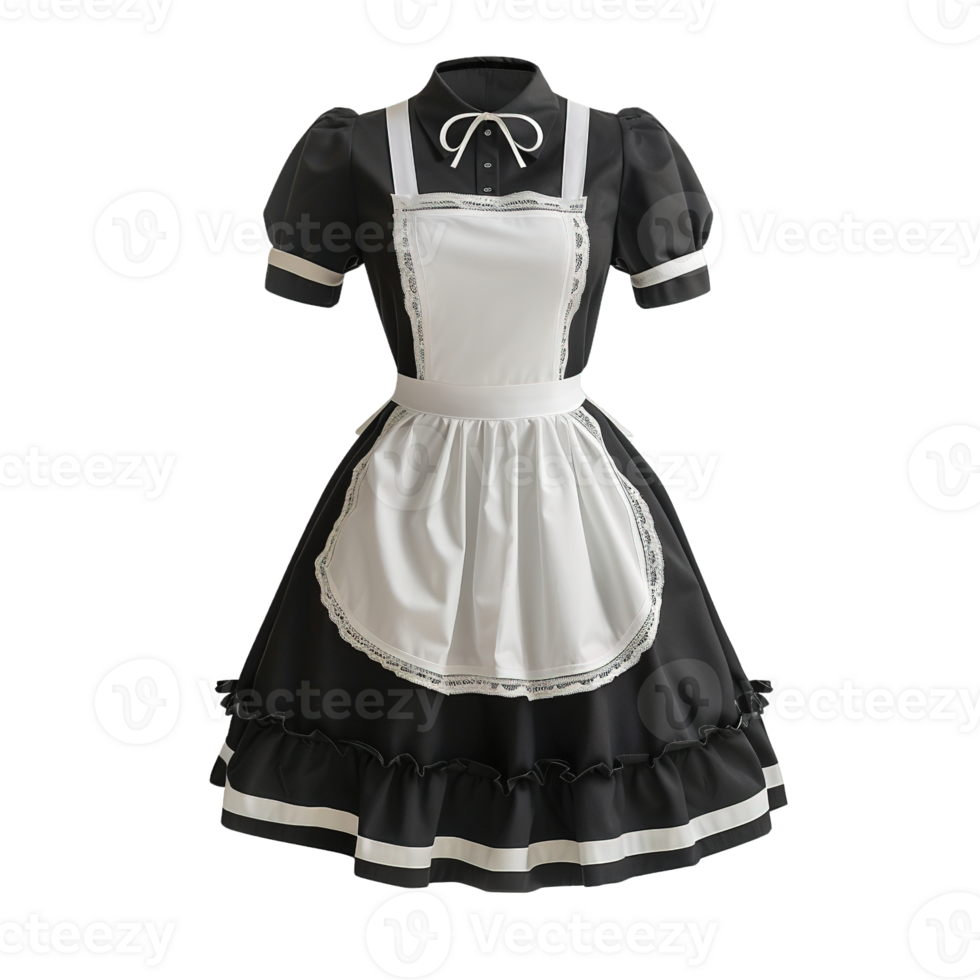 Classic Black Maid Uniform Dress with Puff Sleeves and White Apron Featuring Lace Trim and Bow Tie, Isolated on Transparent Background png
