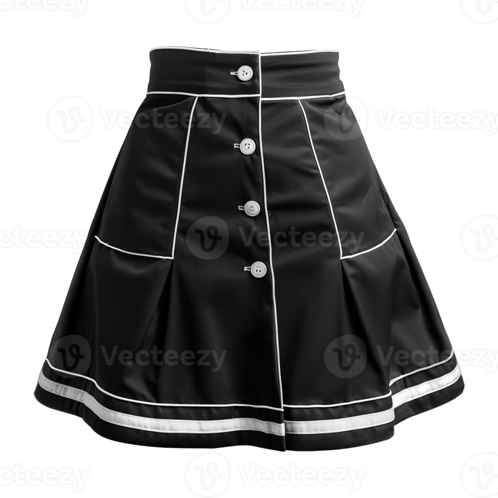 Classic Black Skater Skirt with White Trim Details Isolated on Transparent Background png