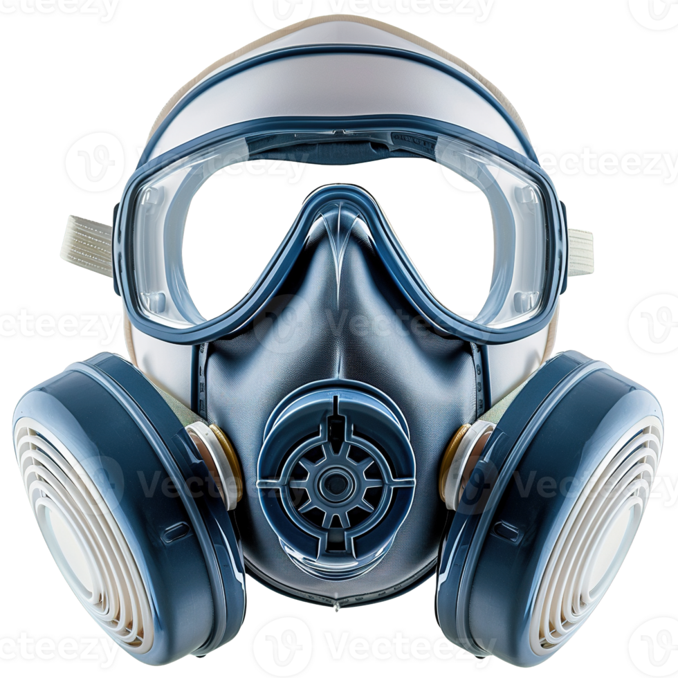 Full Face Industrial Respirator Mask with Dual Cartridge Filters and Clear Goggles for Chemical and Dust Protection Isolated on Transparent Background png