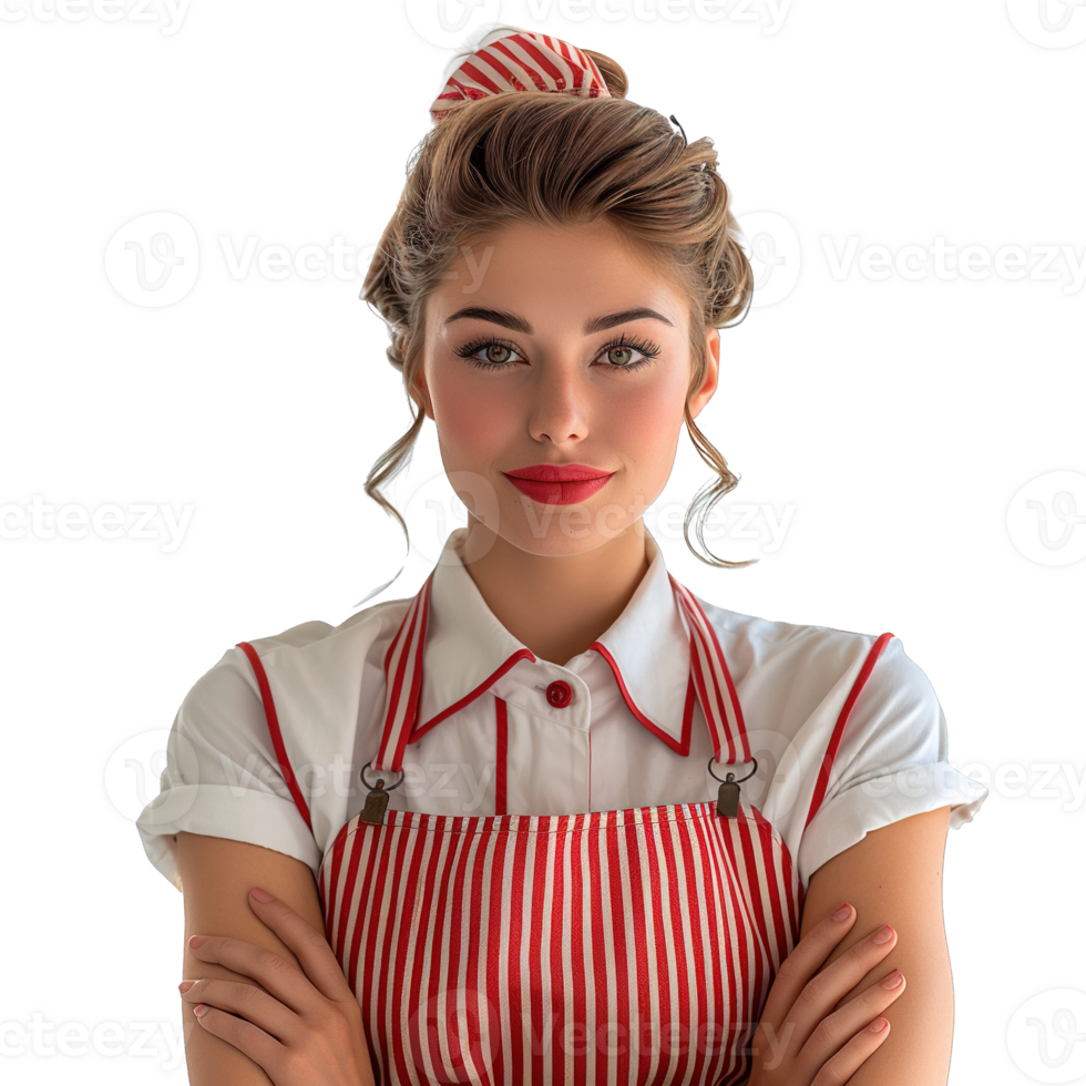 Portrait of a Beautiful Retro Waitress in Classic Red and White Diner Uniform with Confident Pose on Transparent Background png