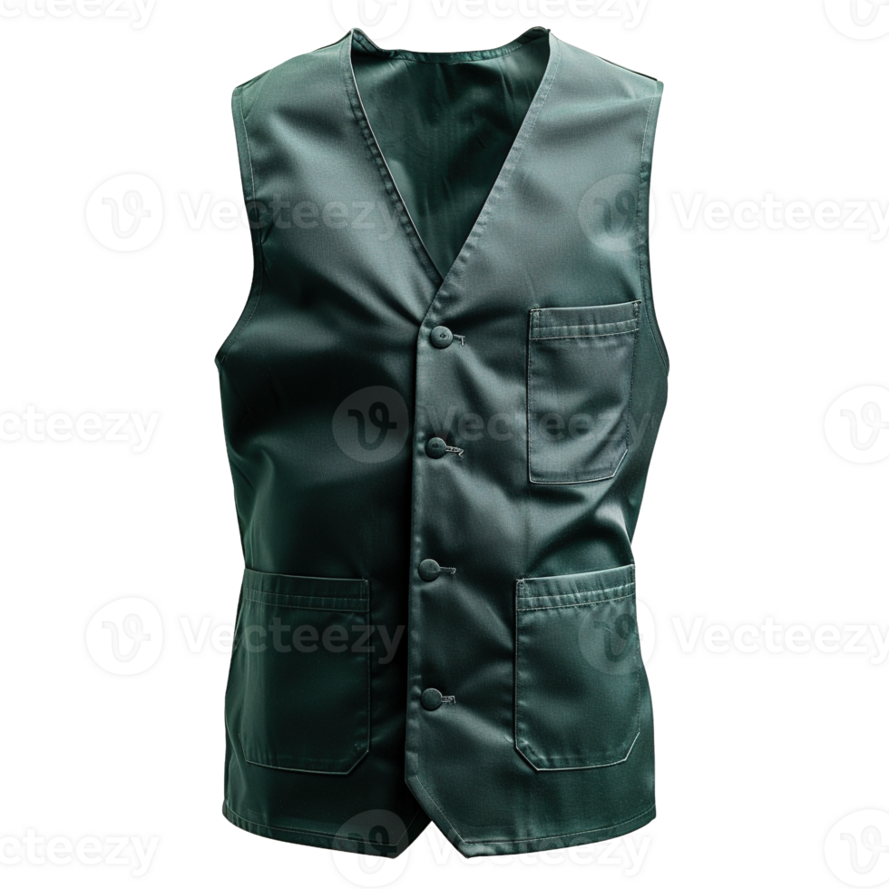 Professional Dark Green Service Vest with Multiple Functional Pockets and Button Closure Isolated on Transparent Background png