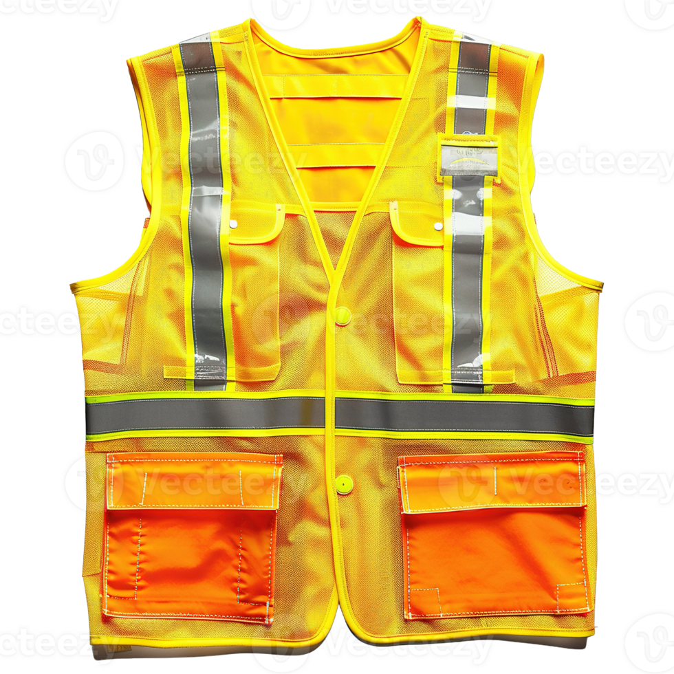 Yellow Mesh Safety Vest with Durable Reflective Tape, Zipper Front, and Spacious Storage Pockets on Transparent Background png
