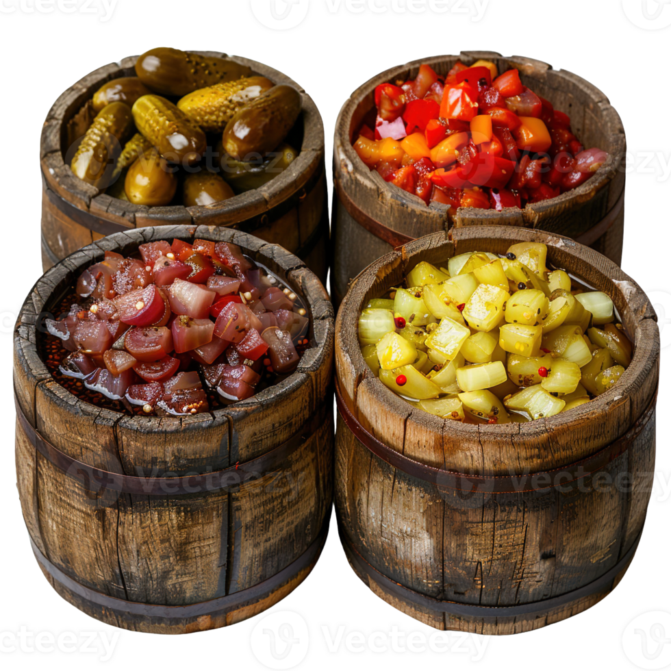 Rustic Wooden Barrels Filled with Assorted Pickled Vegetables Isolated on Transparent Background png