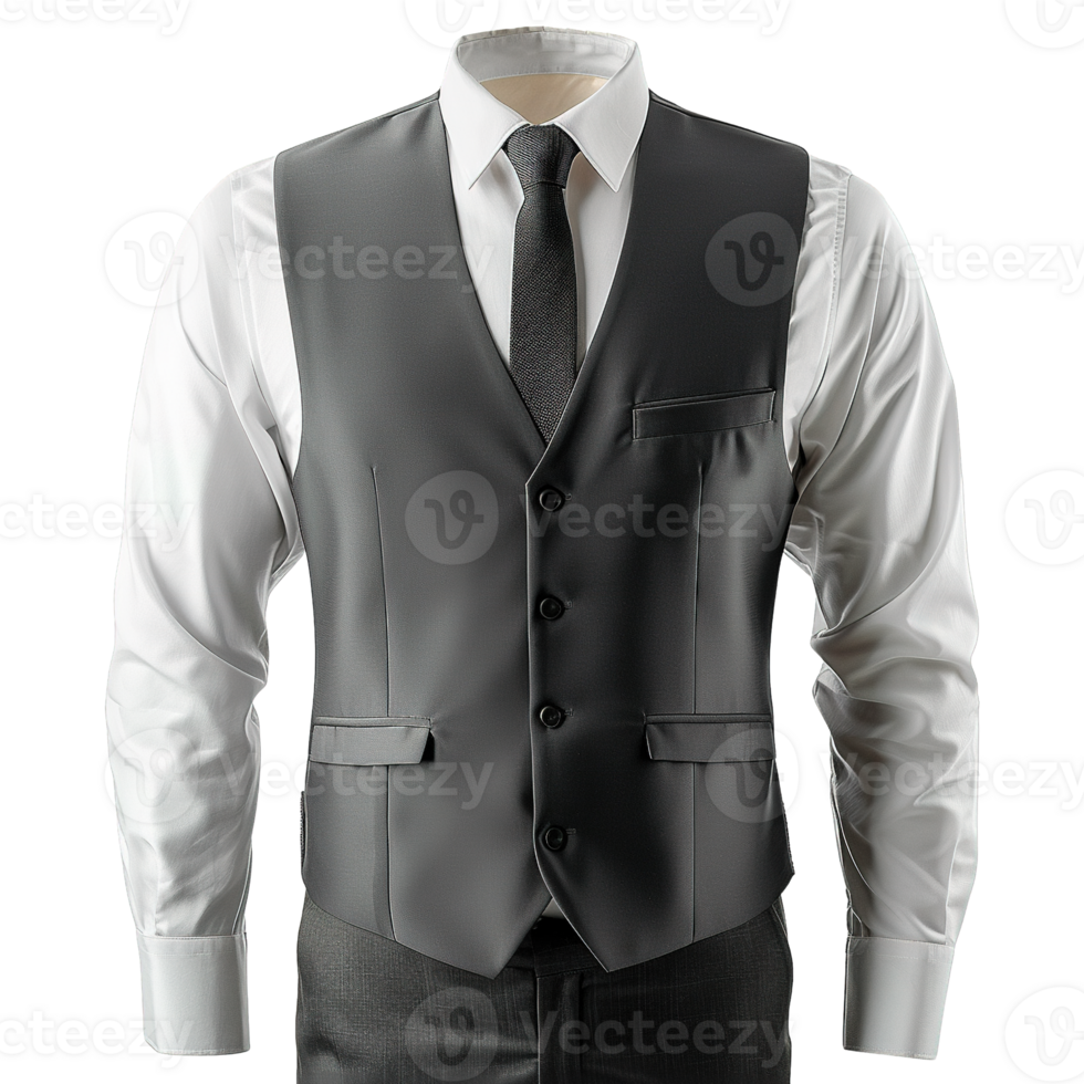 Classic Waiter Attire with Sleek Charcoal Vests and Dress Shirts Displayed Without Models on Transparent Background png