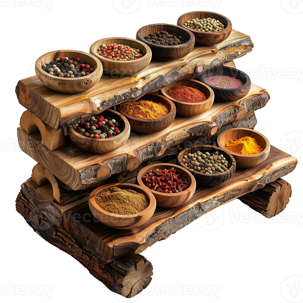 Multi-Tier Rustic Wooden Spice Rack Displaying an Assortment of Colorful Ground and Whole Spices on Transparent Background png