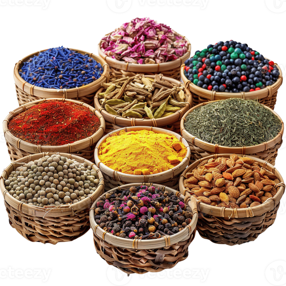 Colorful Assortment of Exotic Spices and Herbs in Traditional Woven Baskets on Transparent Background png