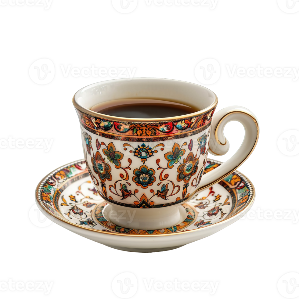 Middle Eastern Coffee Cup with Exquisite Golden Embellishments and Traditional Motifs on Transparent Background png