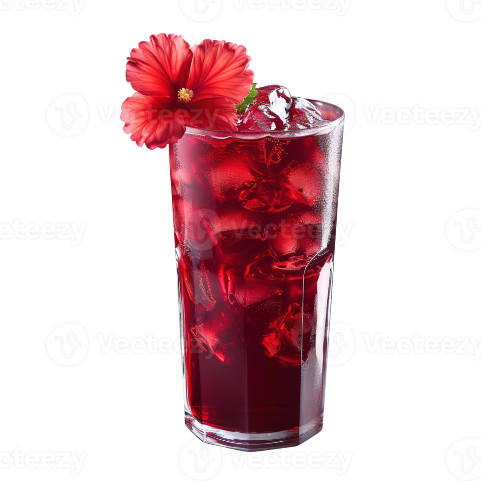 Vibrant Red Sorrel Beverage in Transparent Glass with Ice and Floral Decoration Isolated on Transparent Background png