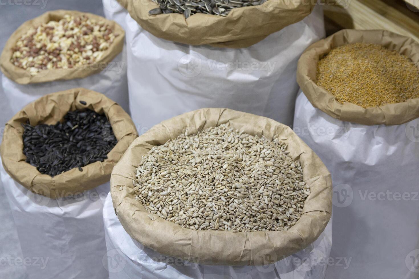 Variety of seeds in paper bags photo