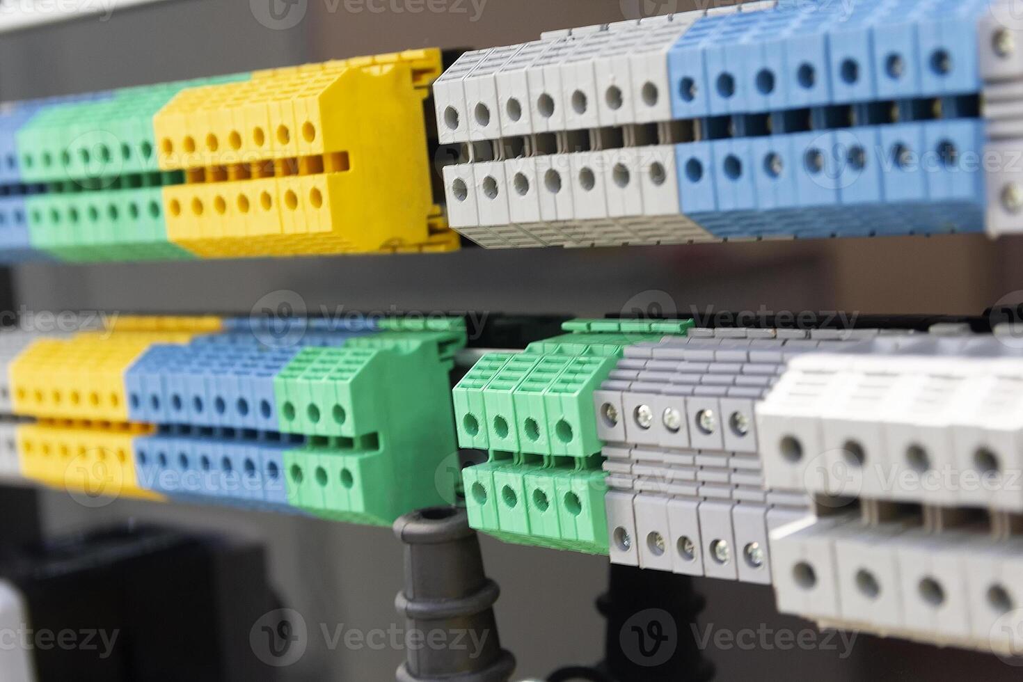 New terminal blocks located on a DIN rail at the exhibition stand. Industry photo