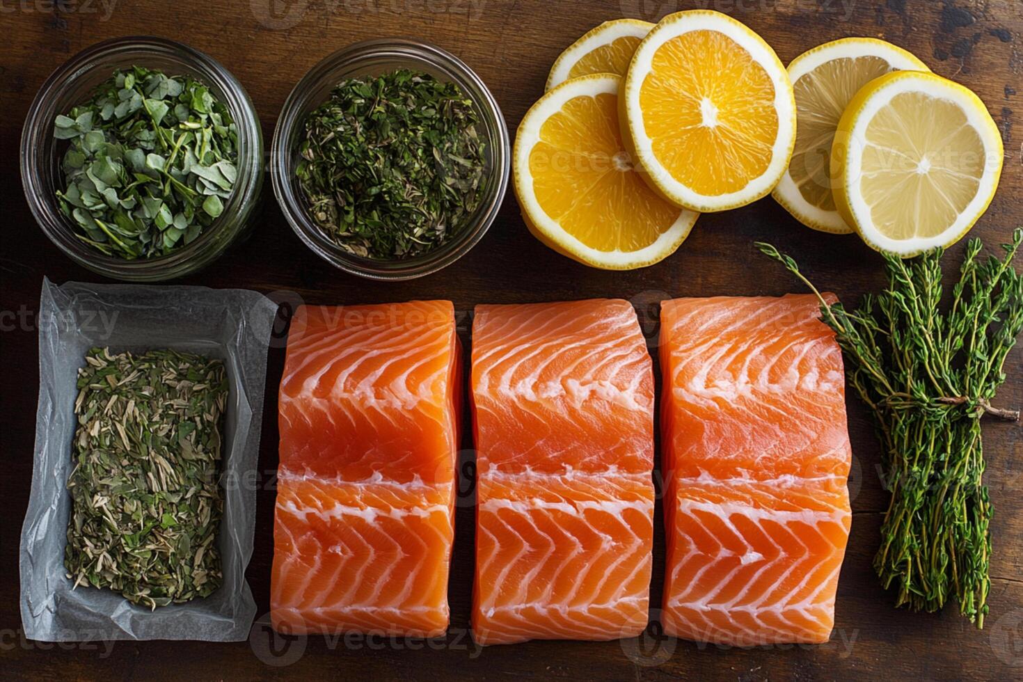 Salmon, lemon, herbs and spices on a cutting board photo
