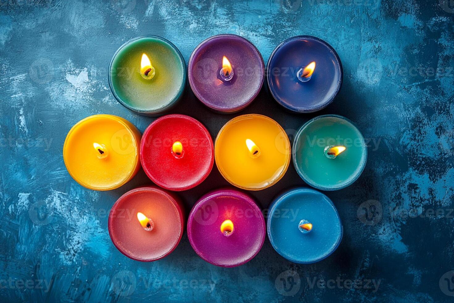 Colorful Burning Candles Viewed from Above photo