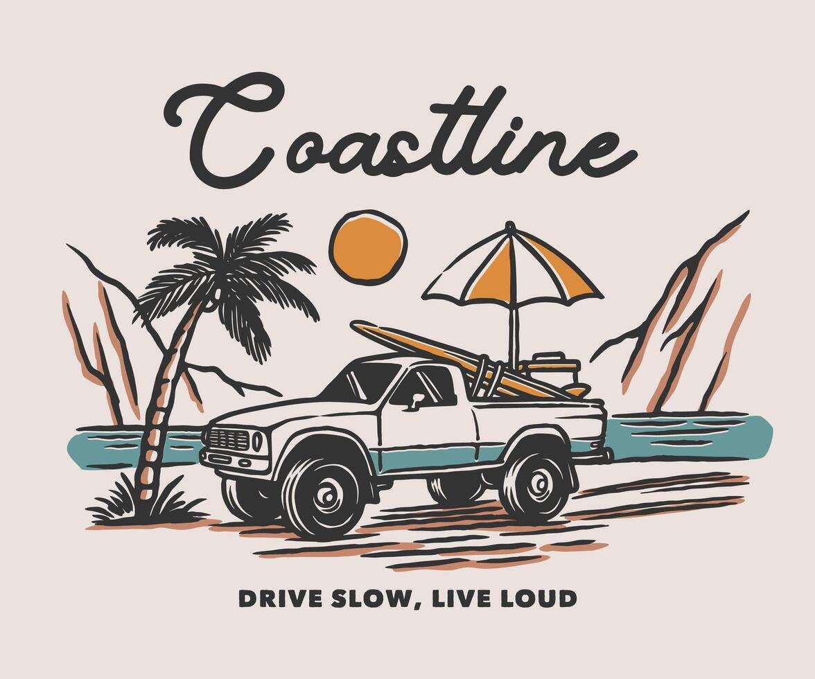 A pickup truck parked by a beach coastline with a surfboard, umbrella, and palm trees, rendered in a vintage summer color palette with retro adventure vibes. vector