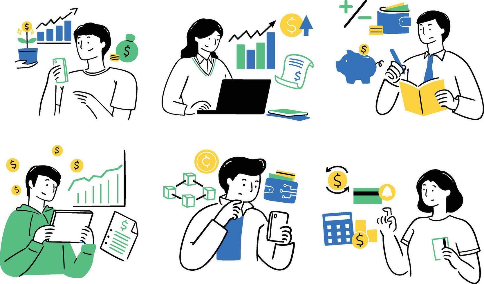 Set of modern hand-drawn finance management illustrations depicting investment growth, budgeting, analysis, vector