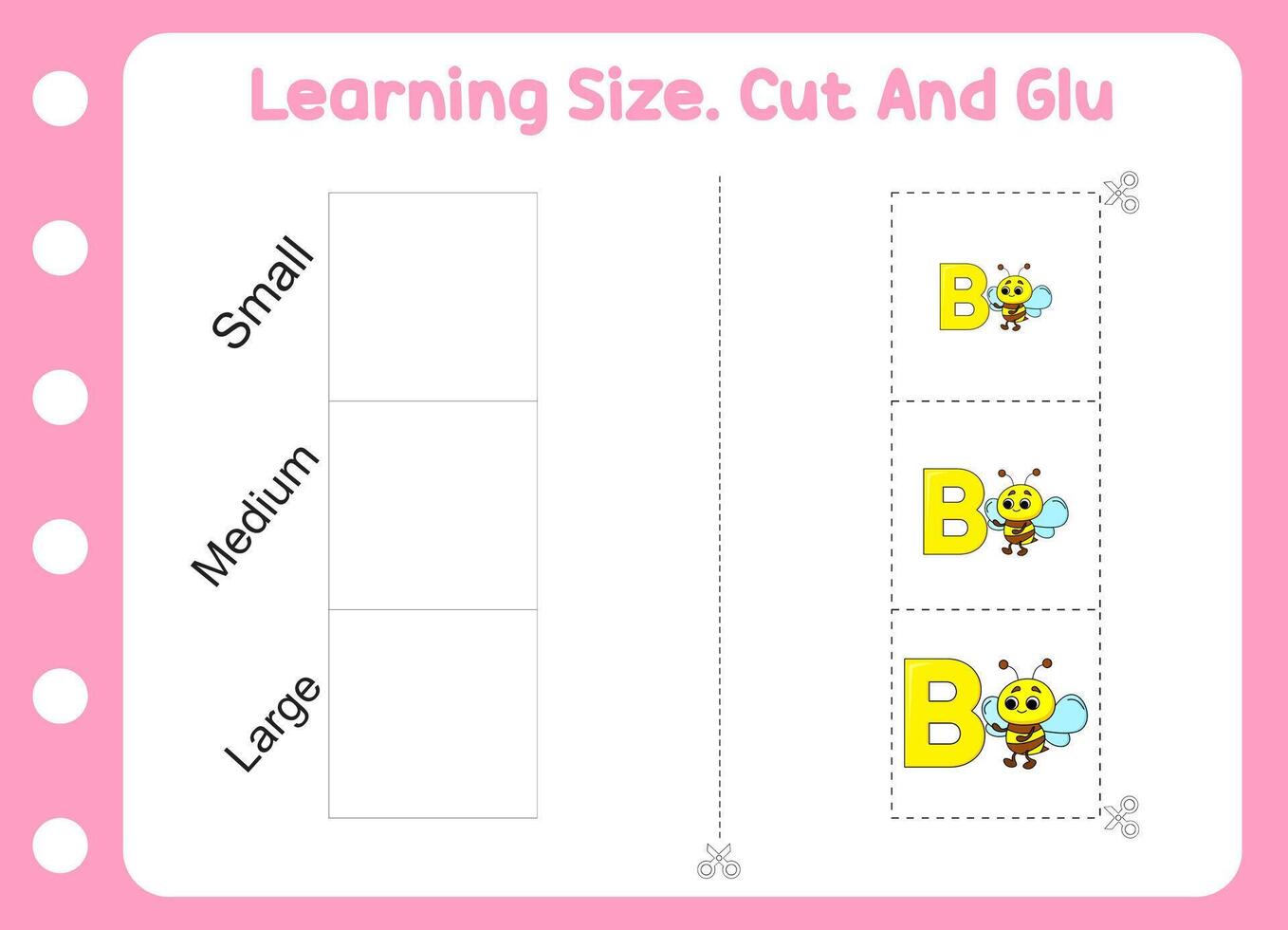 learning size , cut and glue bee. kids education and play vector